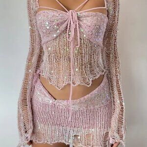 Pink Sequin Distressed Knit Top and Skirt Set